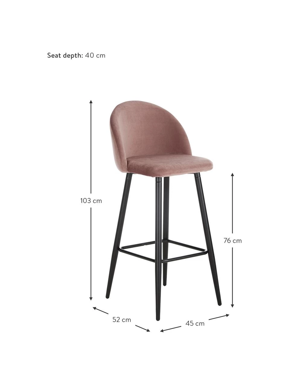 Westwing Collection Samt-Barstuhl Amy in Rosa, B 45 x H 103 cm 5 Westwing Collection Samt-Barstuhl Amy in Rosa, B 45 x H 103 cm – Bild 3