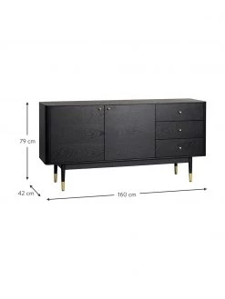 Rowico Schwarzes Sideboard Fenwood mit Schubladen mit Eichenholzfurnier, B 160 x H 79 cm -Esszimmer Verkäufe Schwarzes Sideboard Fenwood mit Schubladen mit Eichenholzfurnier 2